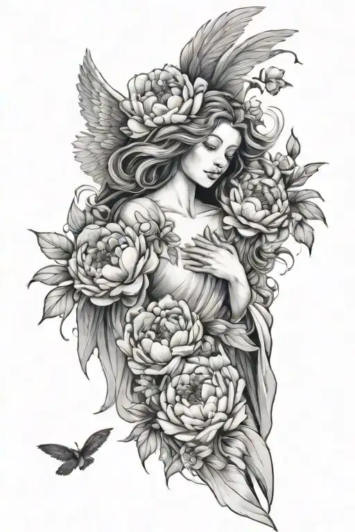 Women Angel With Wings And A Long Veil Surrounded By Peonies