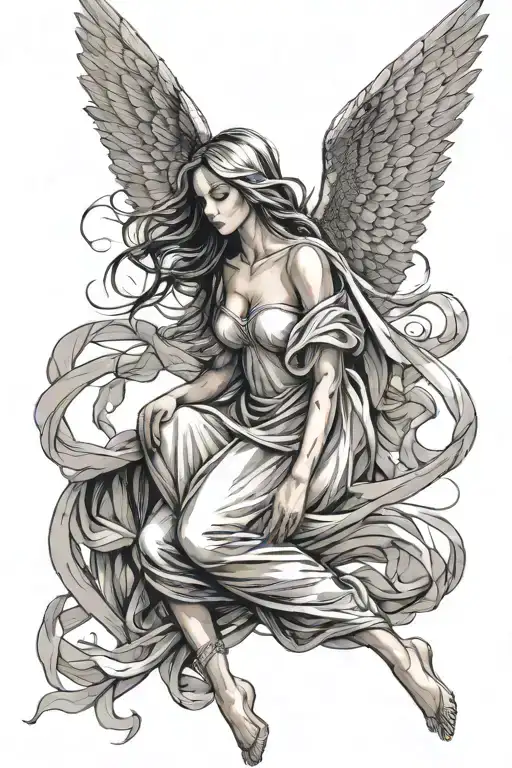 Women Angel Falling With Wings And A Long Veil