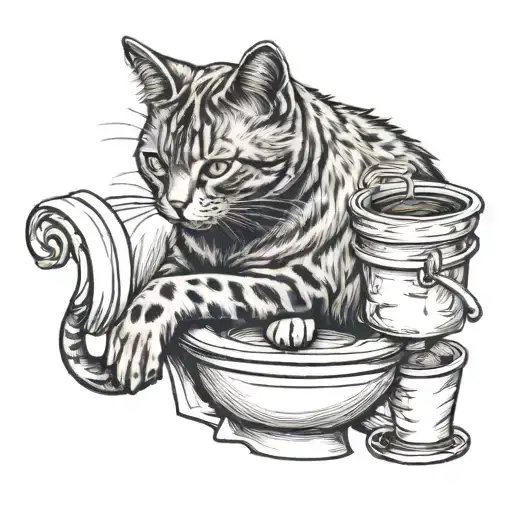 Cat Sitting On Toilet Holding Coffee
