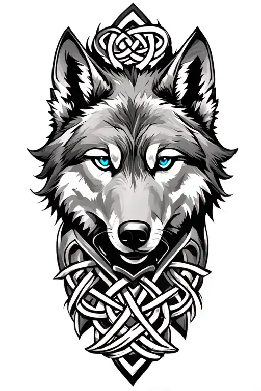 Wolf With Blue Eyes On Armor Tattoo Design Featuring Celtic Trinity Knot
