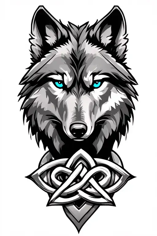 Wolf With Blue Eyes On Armor Tattoo Design Featuring Celtic Trinity Knot