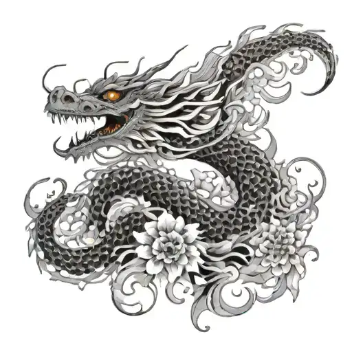 Long Dragon In Chrysanthemums In Japanese Style