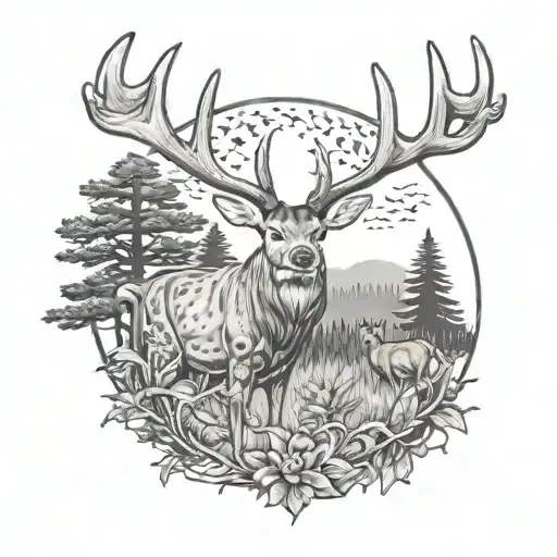 Whitetail Deer And Turkey With Trees Background Looking