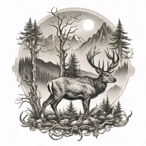 Deer Hunting Scene With Mountains And Woods Surrounded