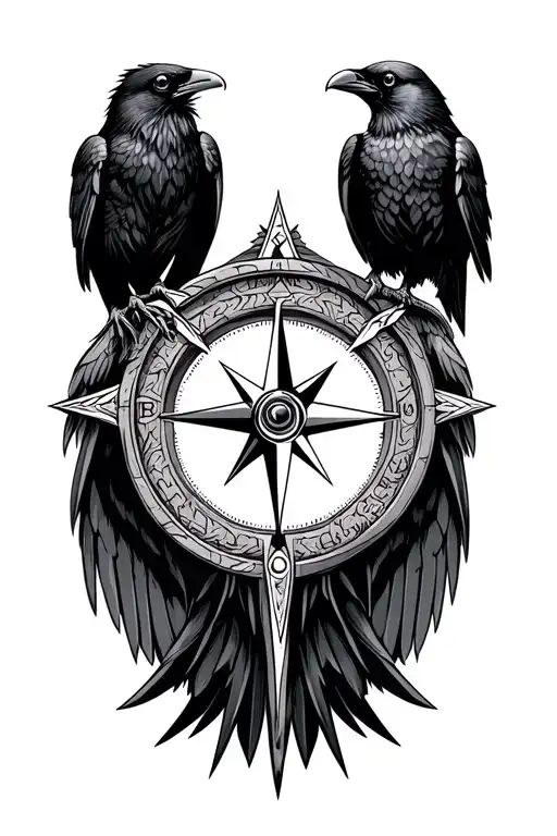 Nordic Compass With Two Ravens Huginn And Muninn