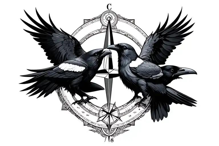 Nordic Compass With Two Ravens Huginn And Muninn Underneath
