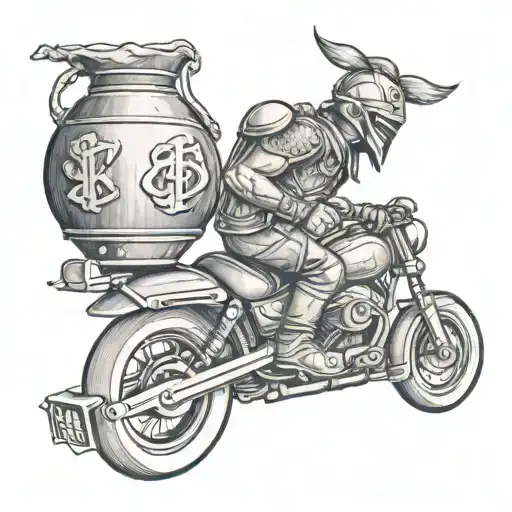 Warrior Riding A Motorcycle With A Money Bag On The Back
