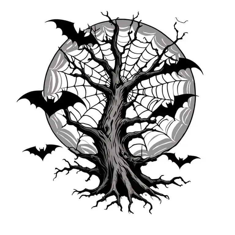 Tree With Three Bats And Spiderwebs
