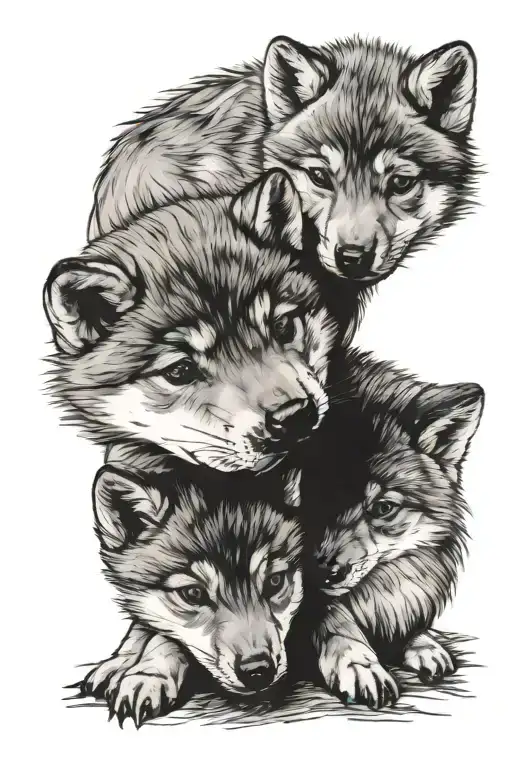 3 Alaskan Wolf Puppies Heads Together Looking Same Direction