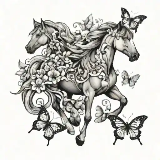 Horse With Butterflies And Flowers Intertwined