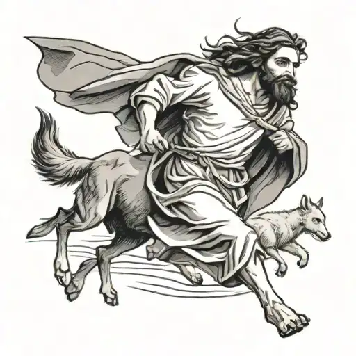 Jesus Running Towards Wolf And Lamb