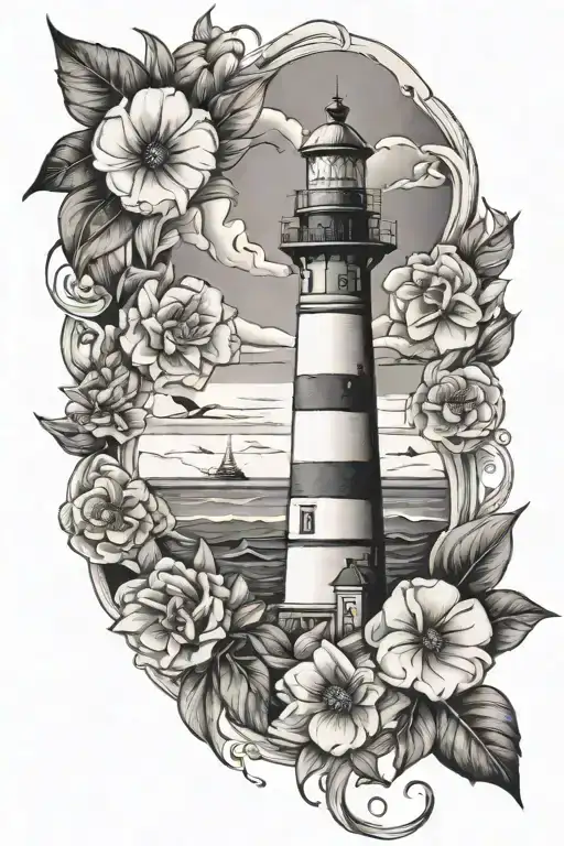 Spinal Straight Line Tattoo Lighthouse Surrounded By Ocean And Florals