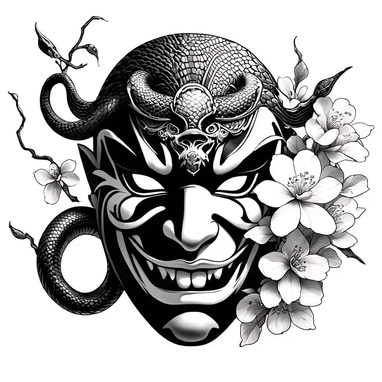 Hannya Mask With Snake And Sakura Blooms
