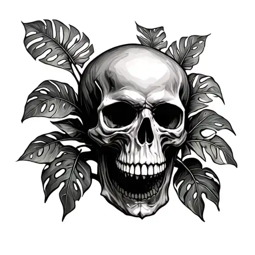 Forearm Tattoo Of As Skull With A Monstera Plants Growing Out Of It