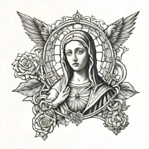 Portrait Of The Blessed Virgin Mary With A Halo Of Church Stained Glass Patterns