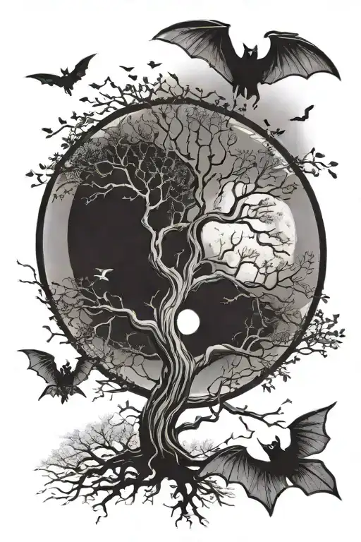 Tree With Moon And Bats Flying