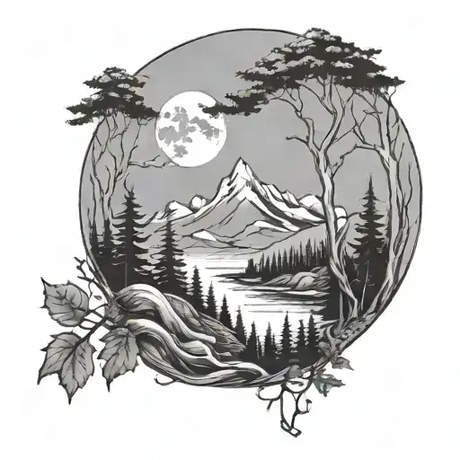 Forest Scene With Mountains And Moon And Warer