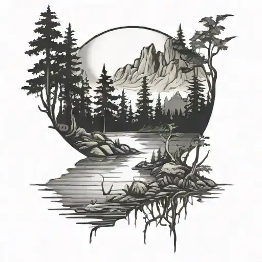 Forest Scene With Mountains And Moon And Water Darken Everything