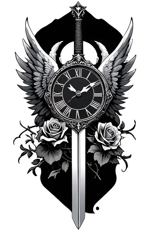 Wings Spread Rose Knight Sword Love Clock