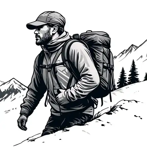 Mountain Hiker Tattoo With Backpack In Abstract Line Drawing