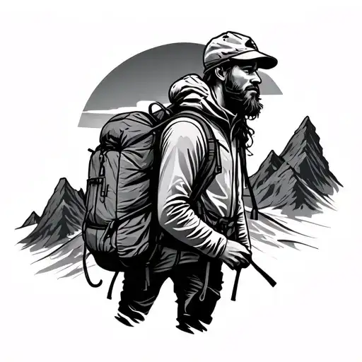 4 Mountain Hiker Tattoo With Backpack In Abstract Line Drawing Just In A Single Line