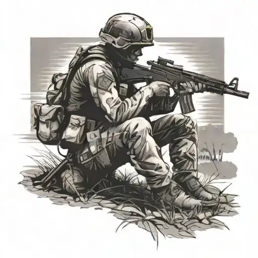 A Silhouette Of A Soldier Kneeling In Front Of A Battlefield Cross With A Helmet And Gun