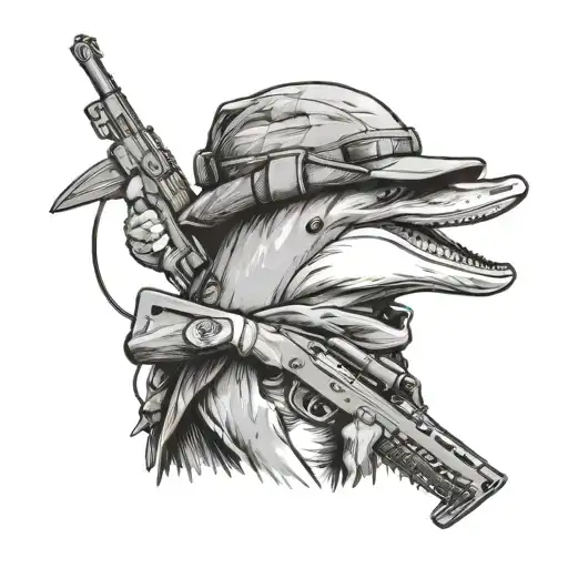 A Dolphin Wearing Tactical Vest A Boonie Hat And Holding A Rifle