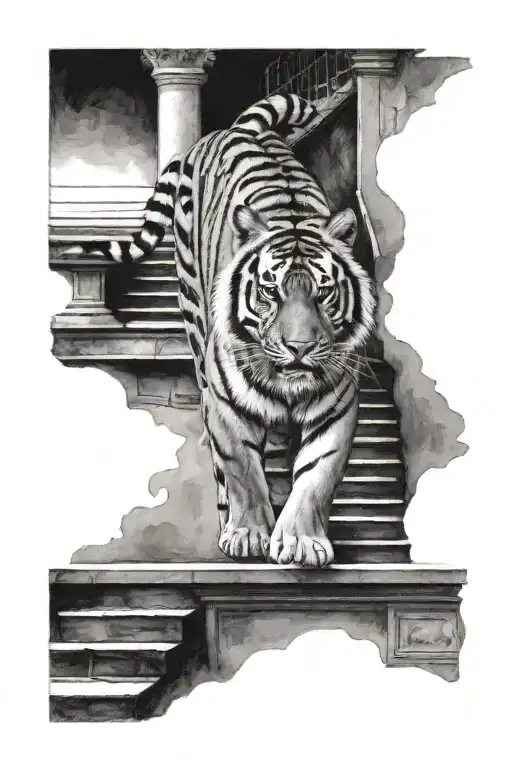 Tiger Walking Up Stairs