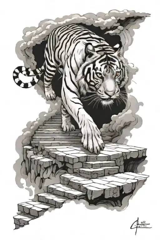 Tiger Walking Up Stairs Going Into Heaven