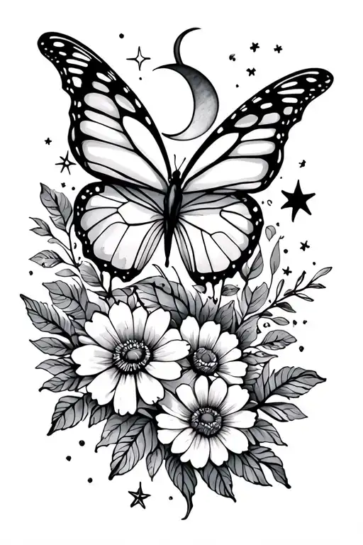Show Me A Fine Line Tattoo With Small Size Butterfly And Flowers With Stars And Moon