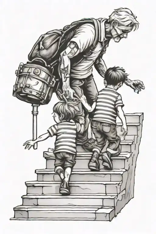 Mum Son Dad Walking Up Stairs