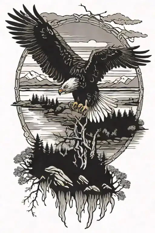 River Scene With Eagle Perched