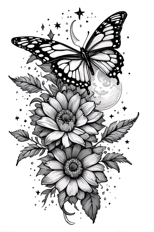 Show Me A Fine Line Going Down The Spine Tattoo With Small Butterfly A Flower With Stars And Moon