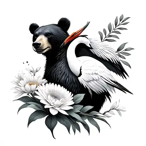 Bear And Chrysantheum Flower And Japanese Crane