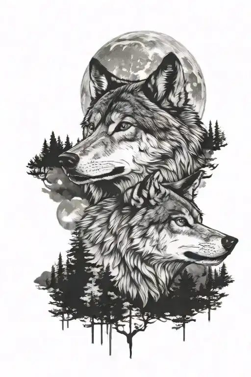 Wolf Head Merged In A Full Moon On A Clar Night Over A Forest