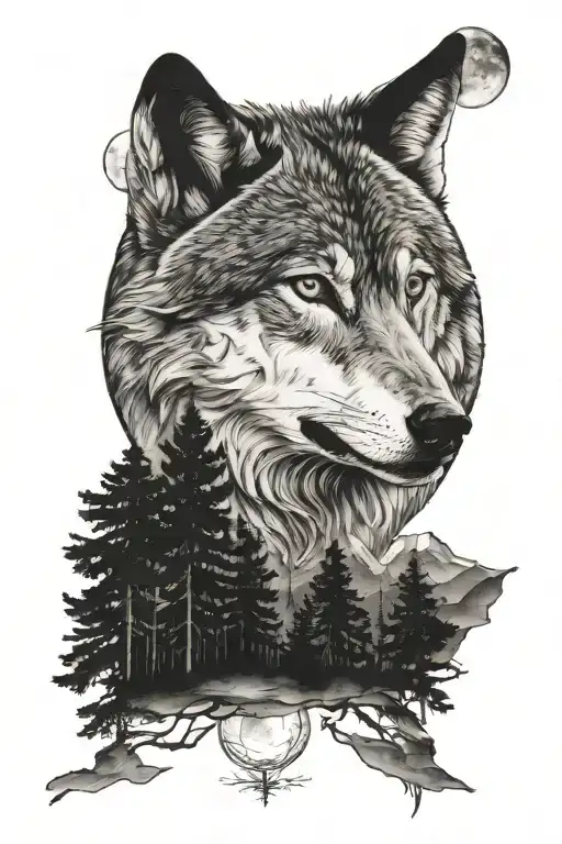 Wolf Face Merged In To A Full Moon On A Clear Night Over A Forest Scene