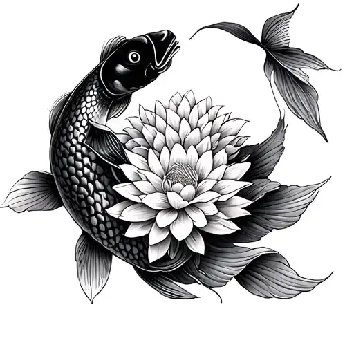 Traditional Japanese Crisanthmum Surrounded By Two Koi Fish For Back