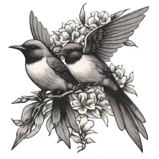 Two Swallow Bird Flying One With An Olive Branch One With A Flower Separated