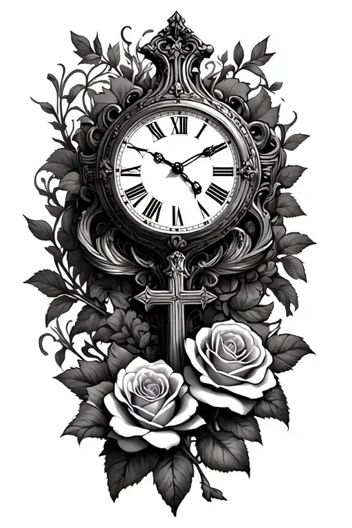 Roman Numeral Clock And Cross And Rose Intertwined