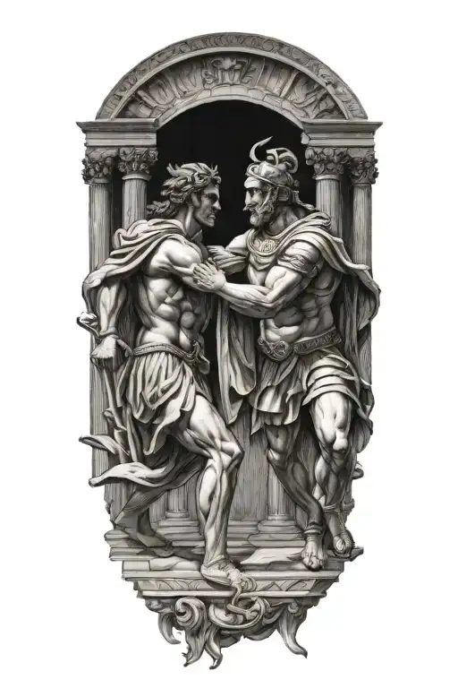 Achilles Fighting Hector With Greek Architecture