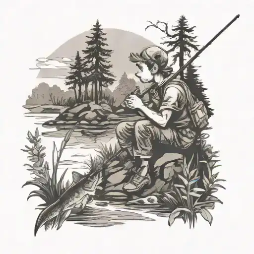 Boy In The Forest Fishing At A River