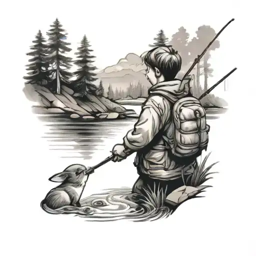 Boy In The Forest Fishing At A River