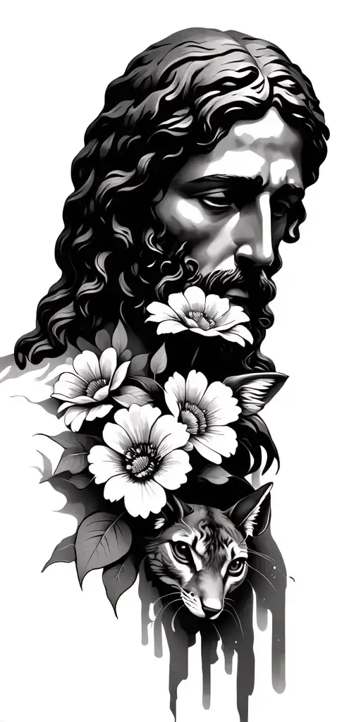 Face Covered Jesus With Flowers And Animals Peeking
