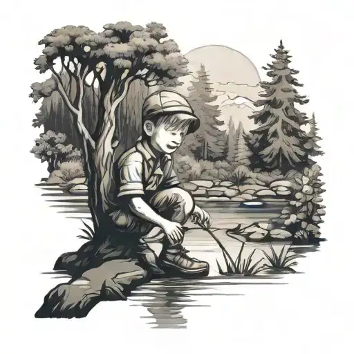 Little Boy In The Forest Fishing At A River
