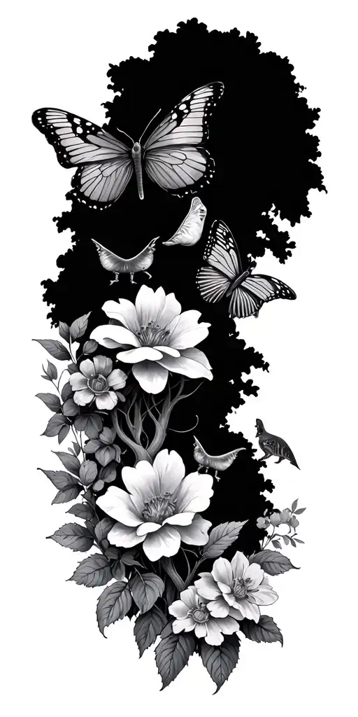 Biblical Tattoo With Trees Flowers And Different Animals And Butterflies