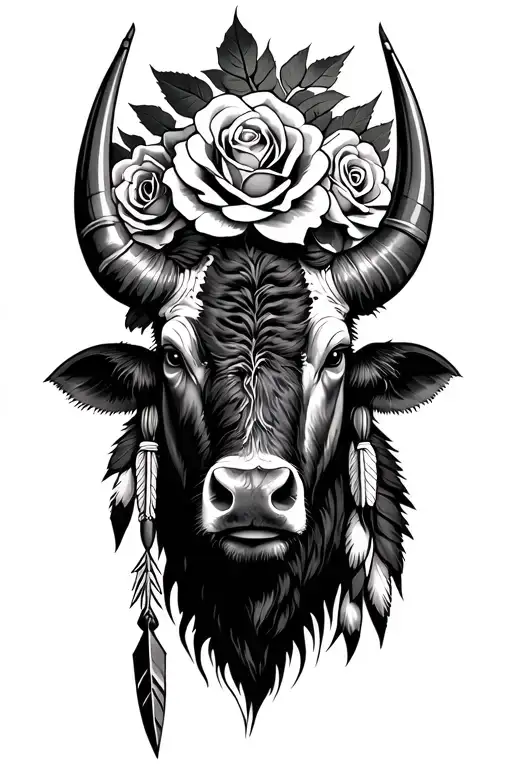 Buffalo Head With Roses And An Indian Arrowhead