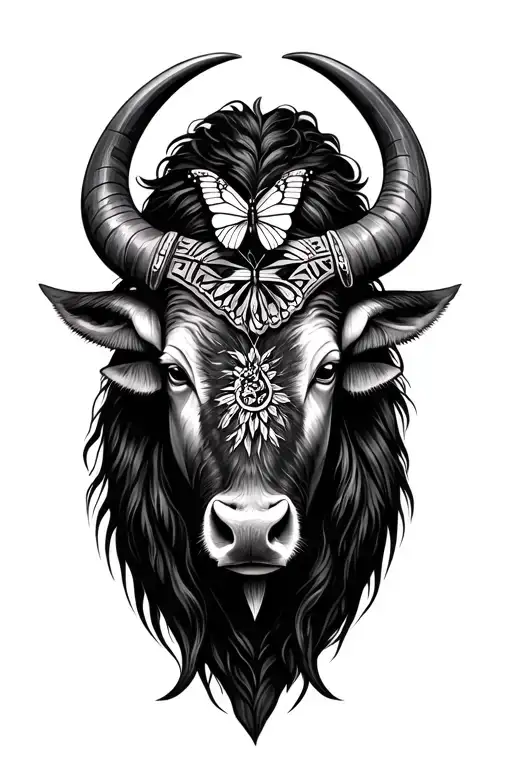 Feminine Buffalo Head With Indian Arrowhead A Butterfly On The Horn