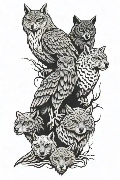 Animal Totem Pole Eagle Cougar Wolf Owl Stacked Together
