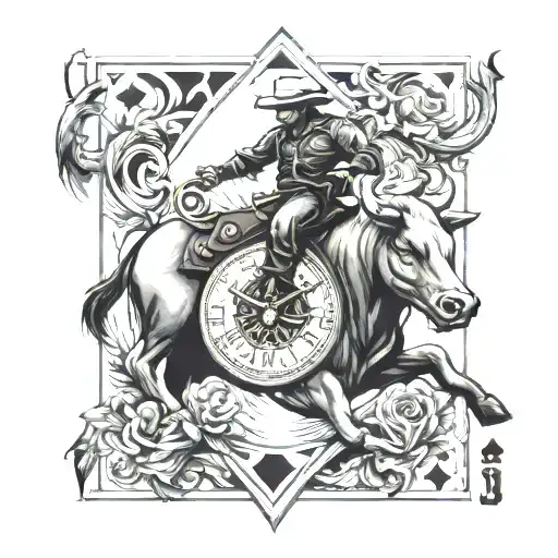 Playing Card Sleeve With A Clock And In The Center Of The Cards A Bull Rider On A Bull