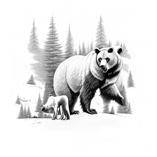 A Majestic Forest Scene With A Bear And A Ram Peacefully Coexisting